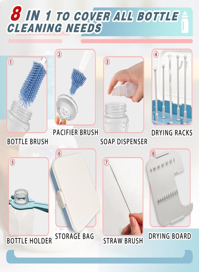Pesilo 8-in-1 Bottle Brush Set, Bottle Cleaning Kit with Silicone Nipple Brush, Straw Brush, Soap Dispenser, Drying Rack, Organizer Case, Portable Cleaner Tools Home Travel Essential Gift for Parents - Image 4